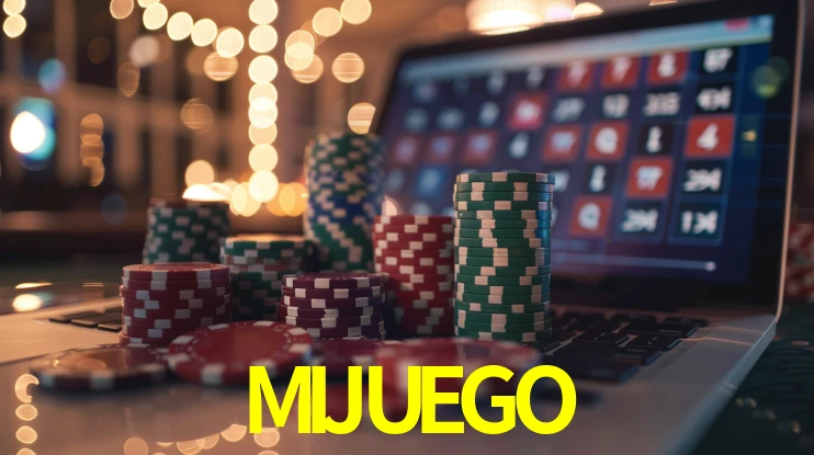 Una escena digital vívida inspirada en casino con MIJUEGO mostrado prominentemente, luces brillantes, fichas, cartas y acentos dorados.